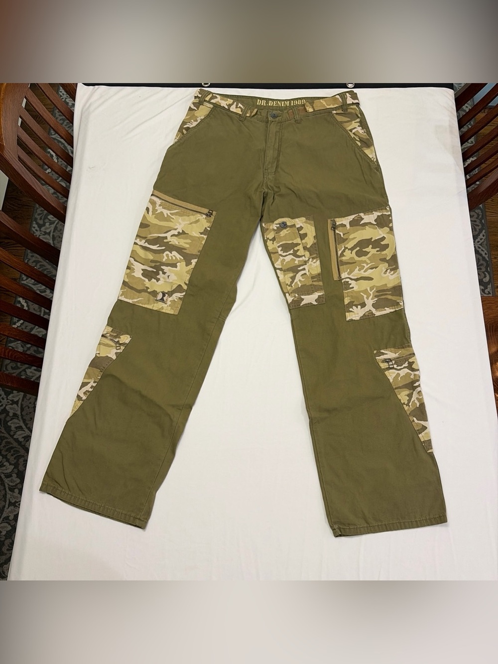 Dr Denim 1989 Pants Men 36 x 33 Green Camo Camouflage Cargo Zipper Pockets